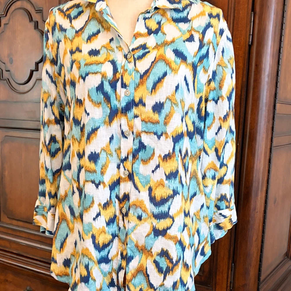Chico's Vibrant Blue and Yellow Button Down Shirt